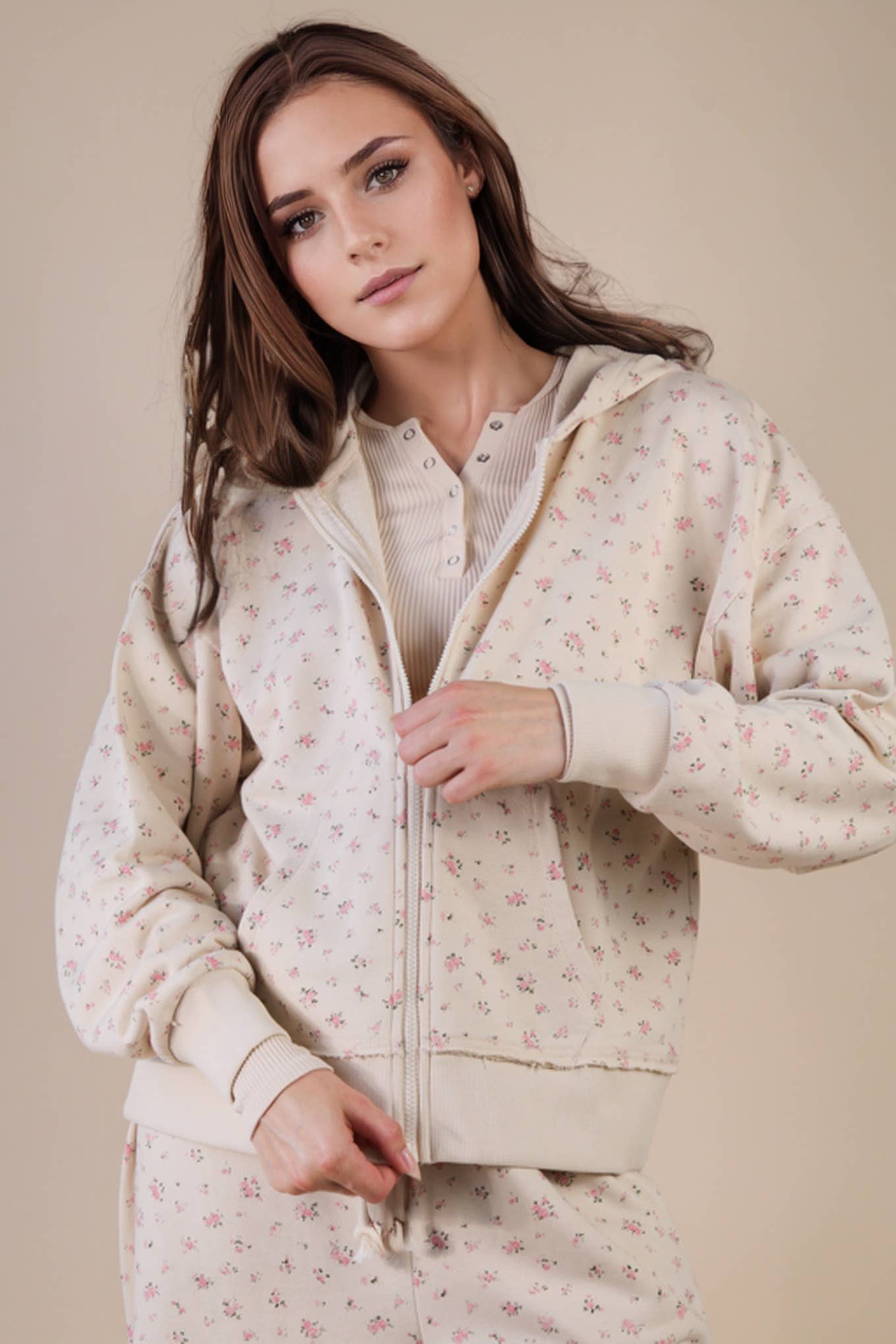 Oversized Floral Zip Up Hoodie