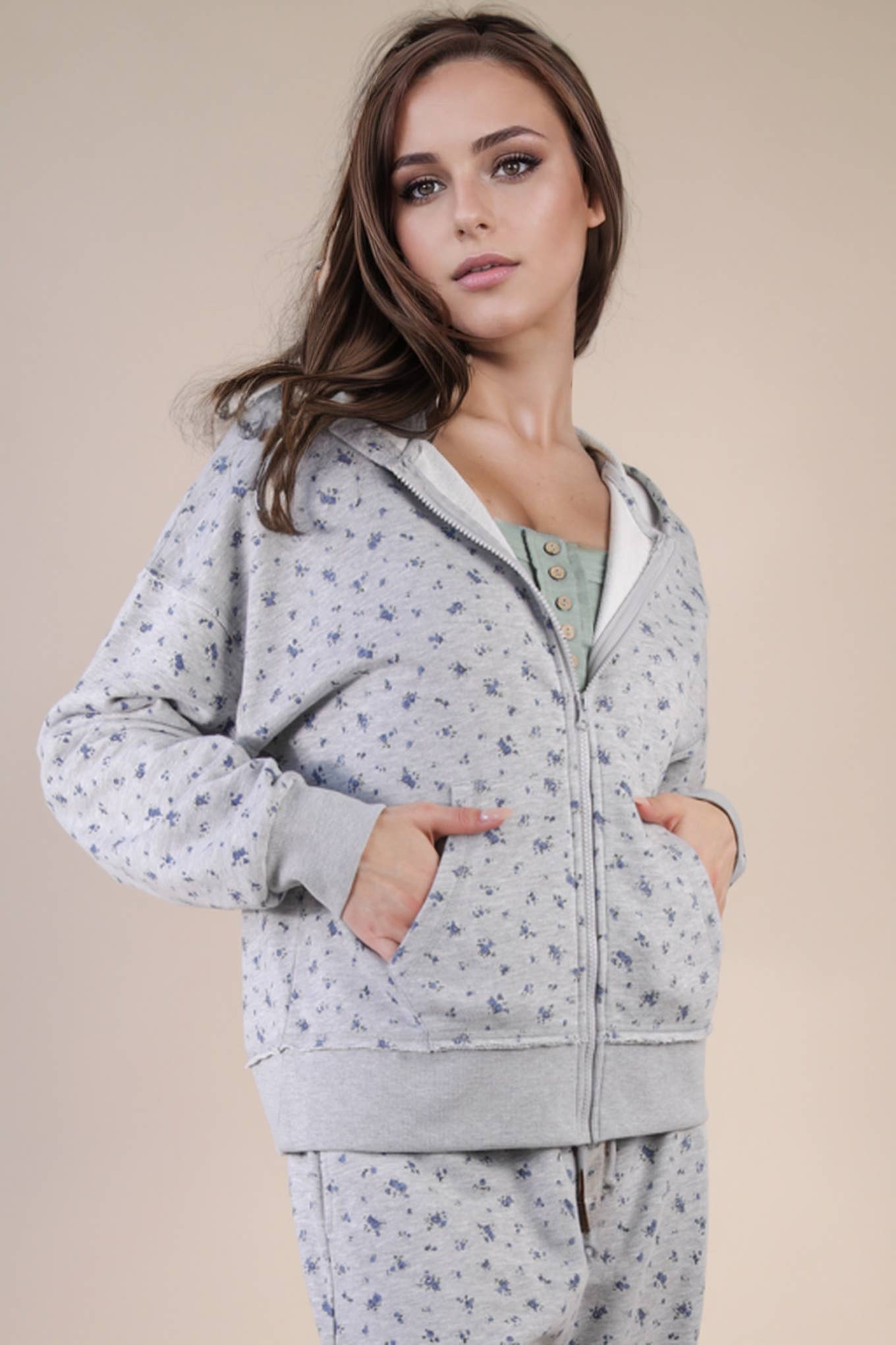 Oversized Floral Zip Up Hoodie