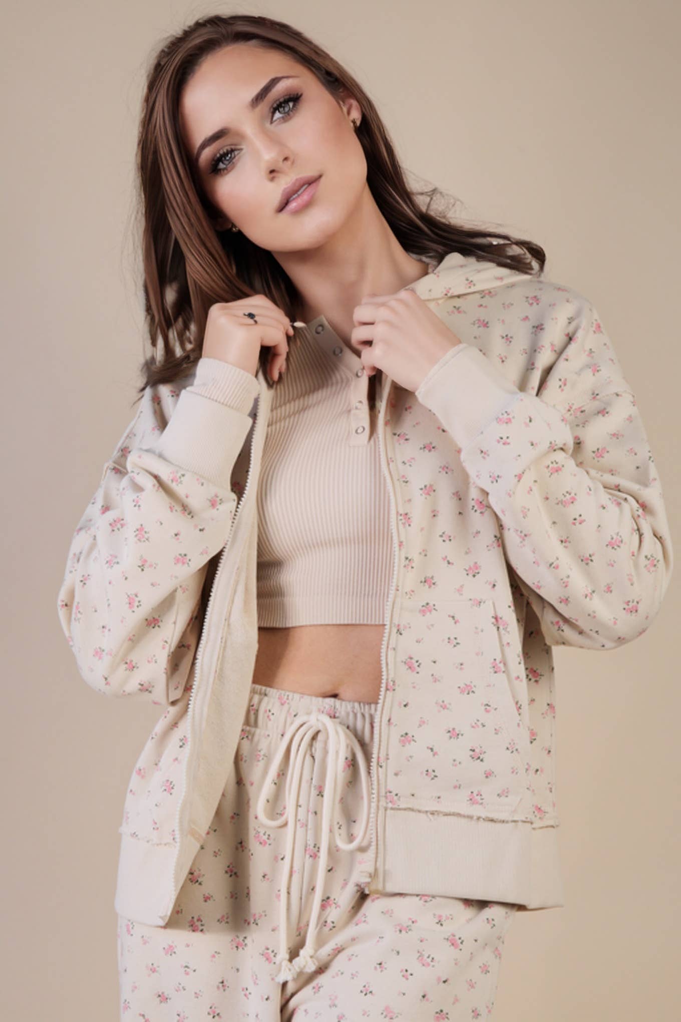 Oversized Floral Zip Up Hoodie