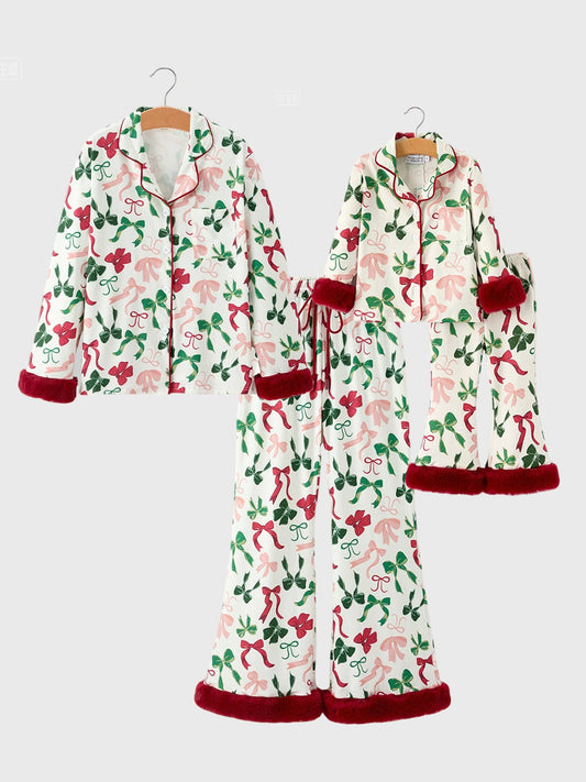 Holiday Bow Print Christmas Pajama Set with Faux Fur Trim