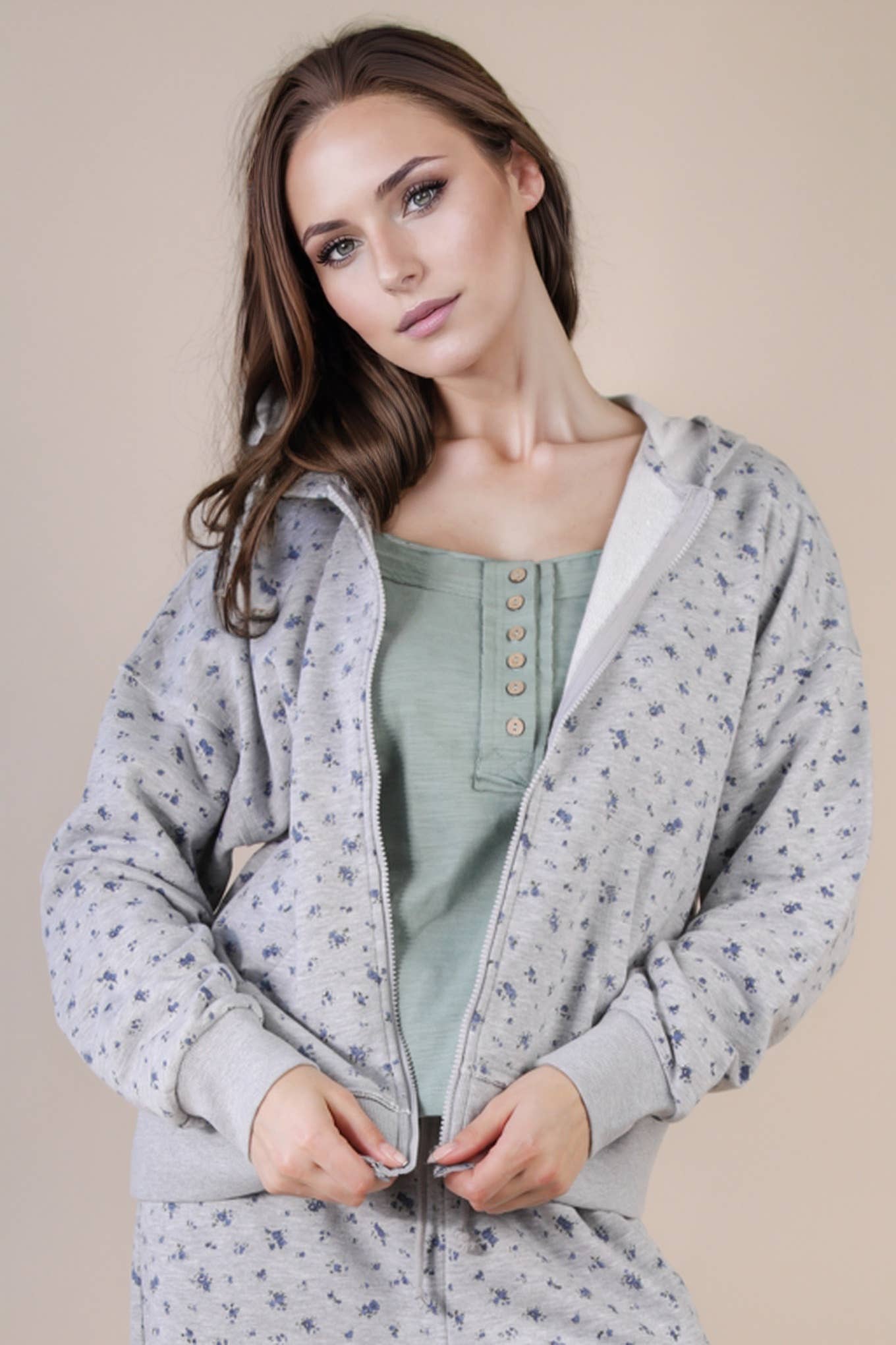 Oversized Floral Zip Up Hoodie