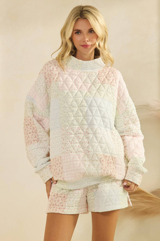 Floral Quilted mock neck Sweatshirt