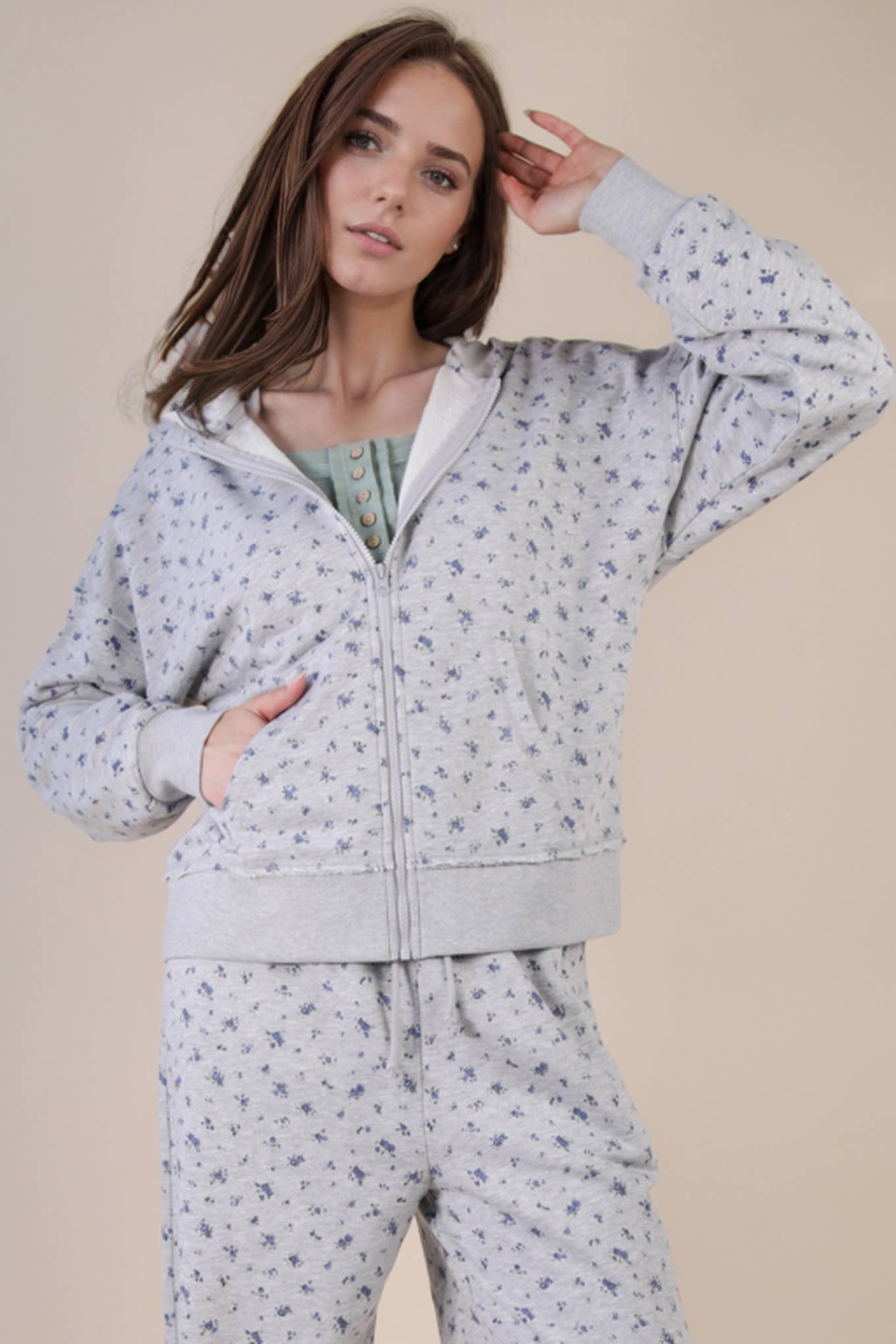 Oversized Floral Zip Up Hoodie