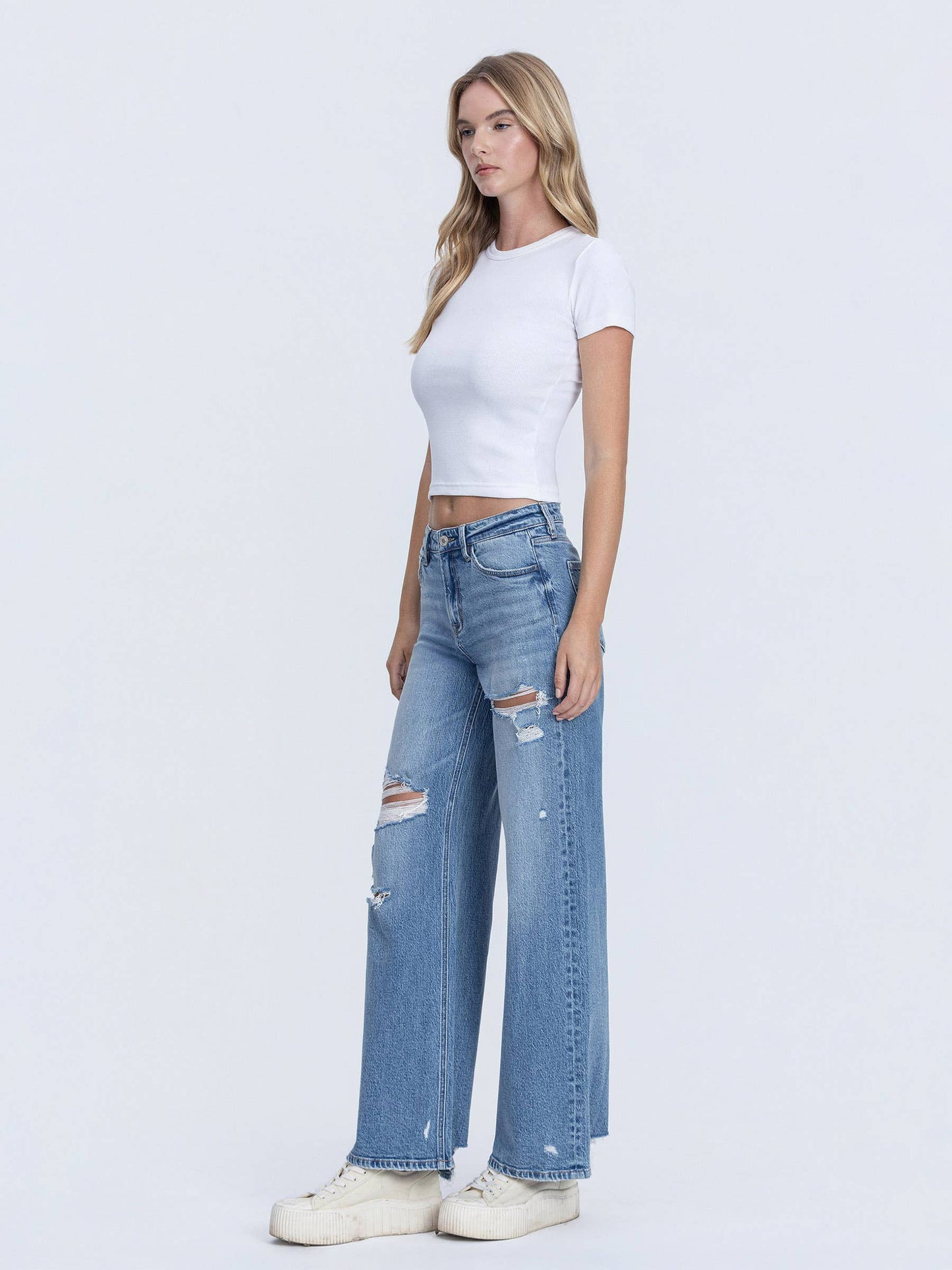 High Rise Distressed Wide Leg Jeans