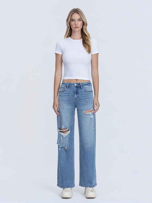 High Rise Distressed Wide Leg Jeans