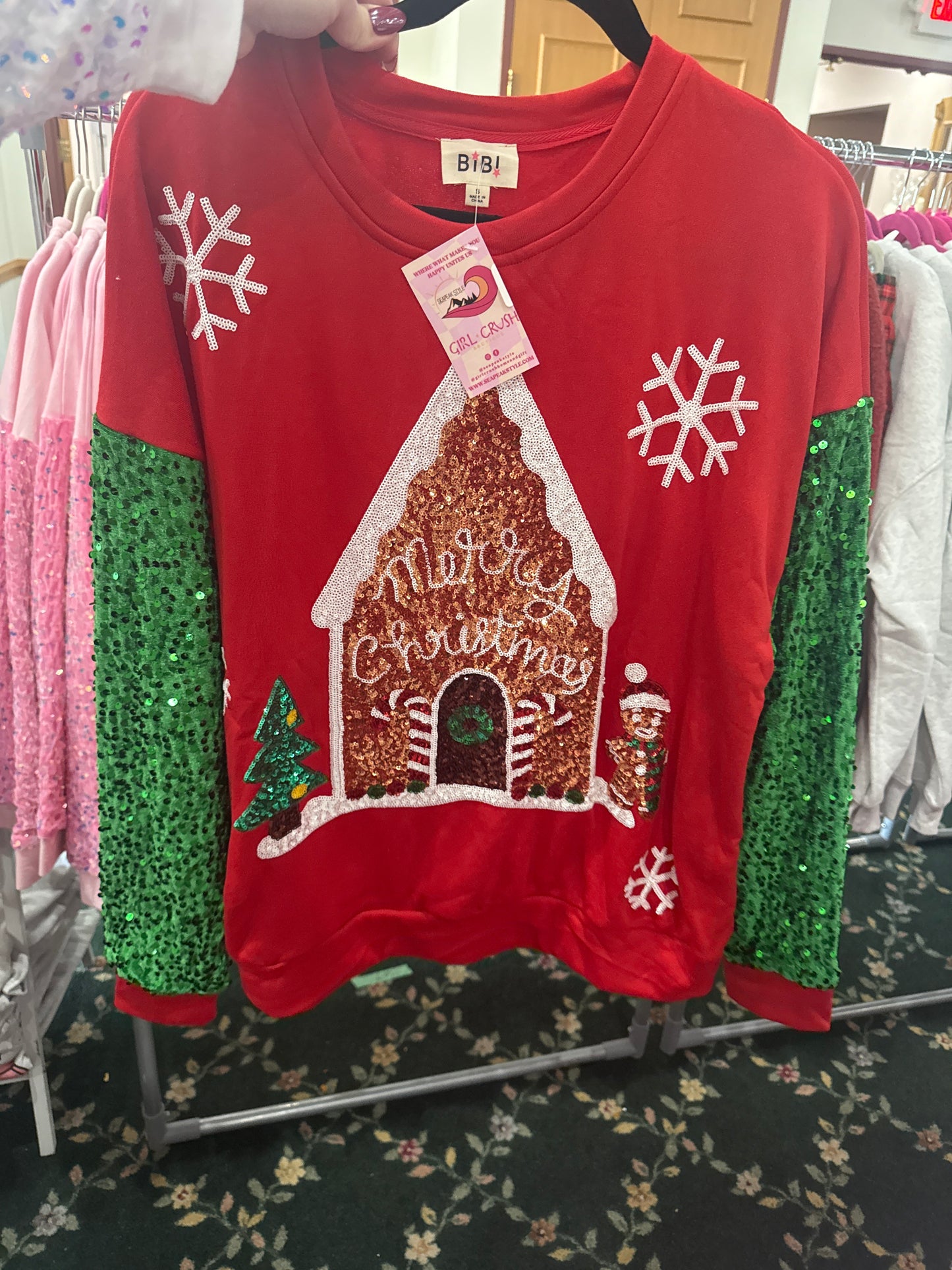 Velvet Sequin Gingerbread House Christmas Pullover
