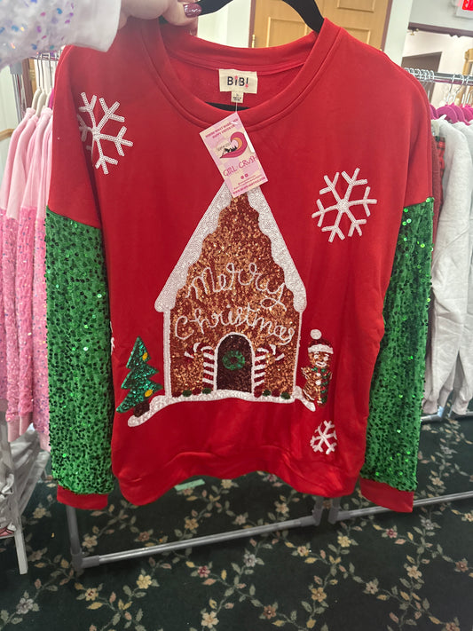Velvet Sequin Gingerbread House Christmas Pullover