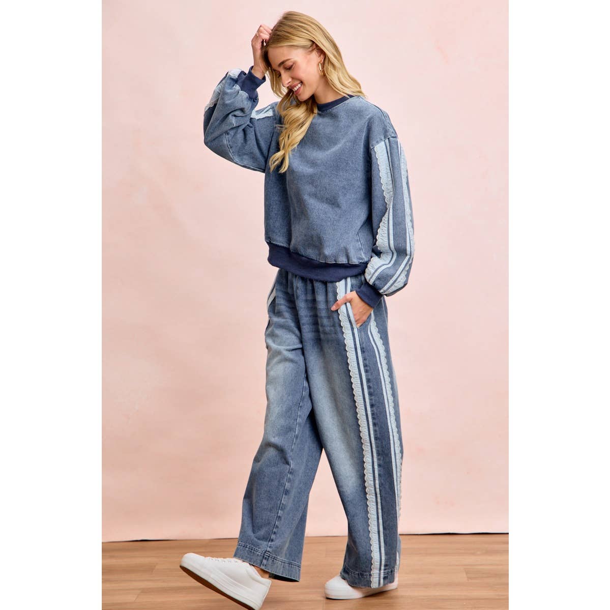 Washed Lace Denim Pants