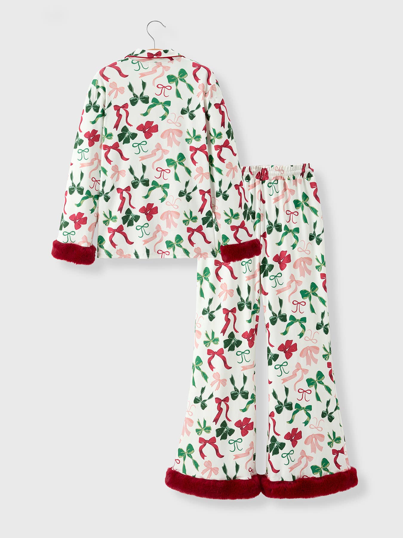 Holiday Bow Print Christmas Pajama Set with Faux Fur Trim