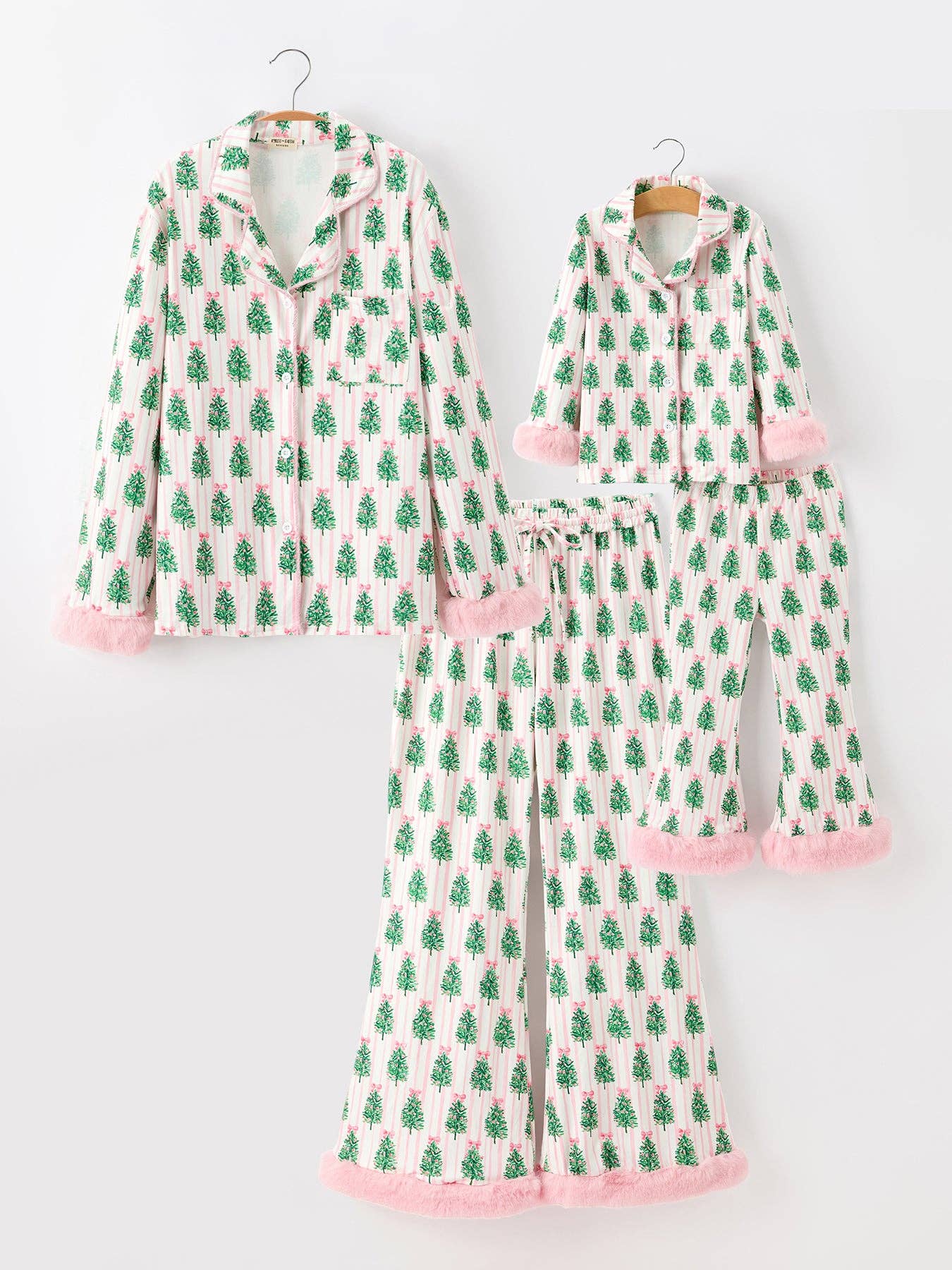 Christmas Tree Print Pajama Set with Faux Fur Trim