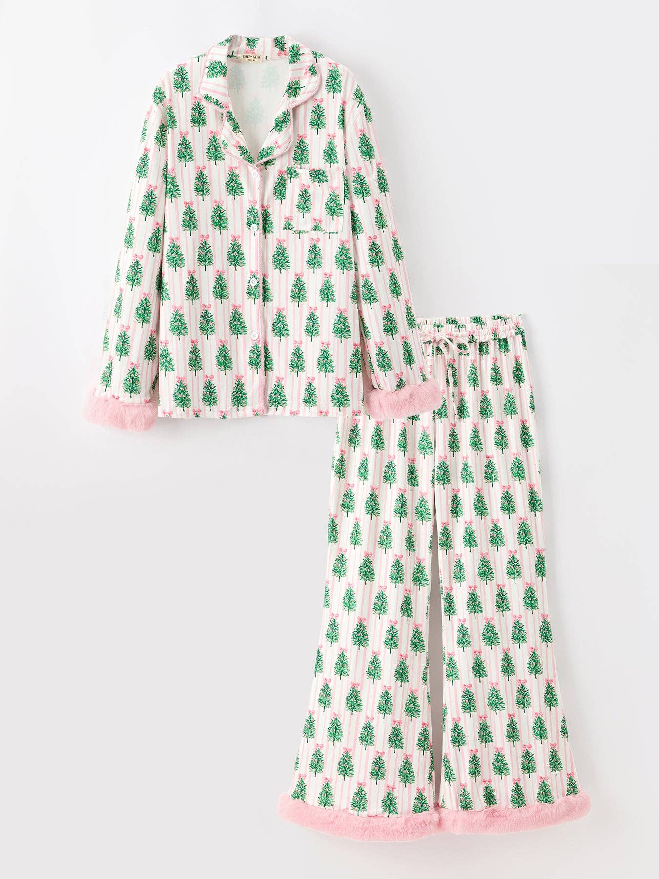 Christmas Tree Print Pajama Set with Faux Fur Trim