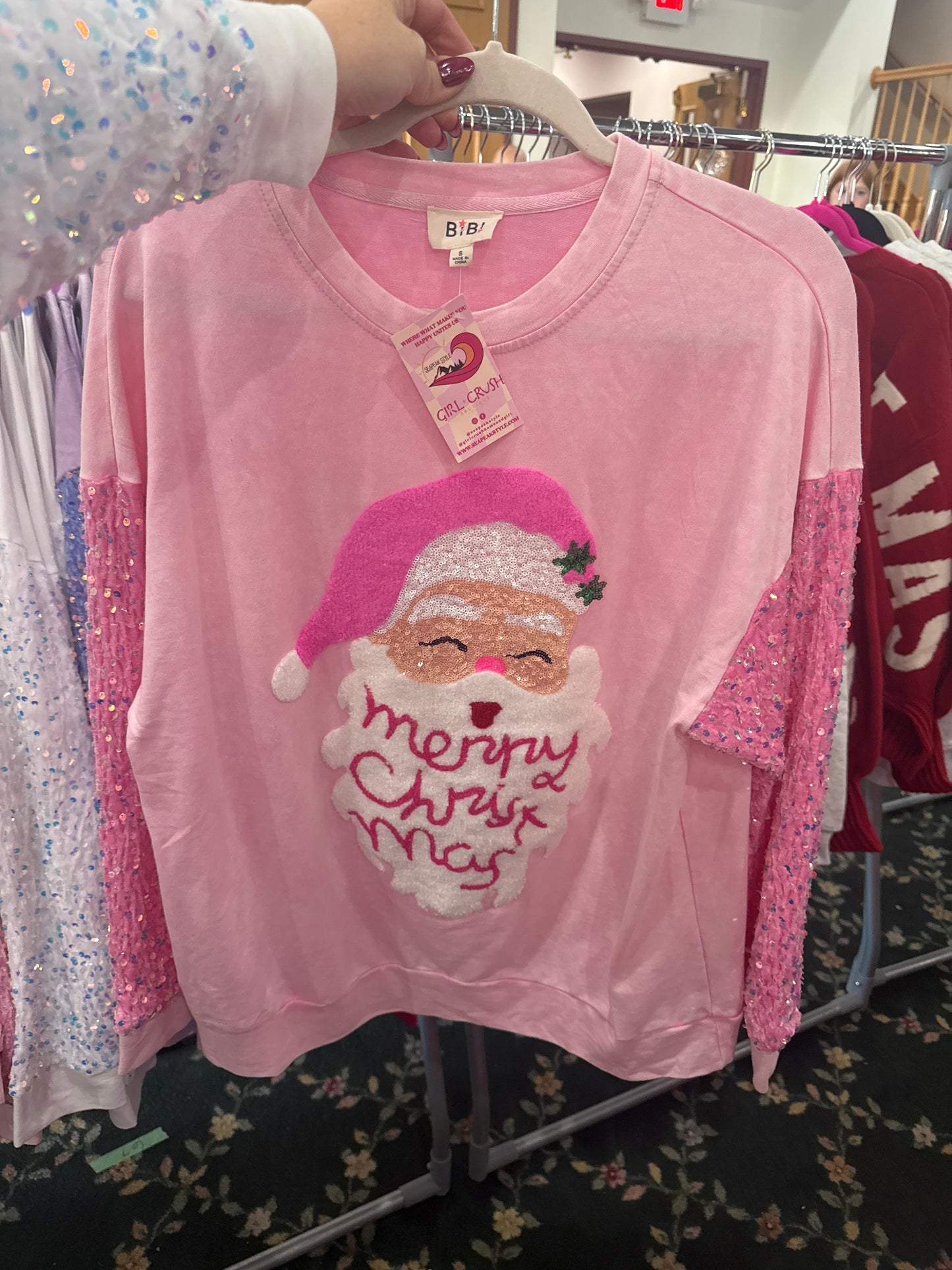 Velvet Sequin Santa Washed Christmas Pullover