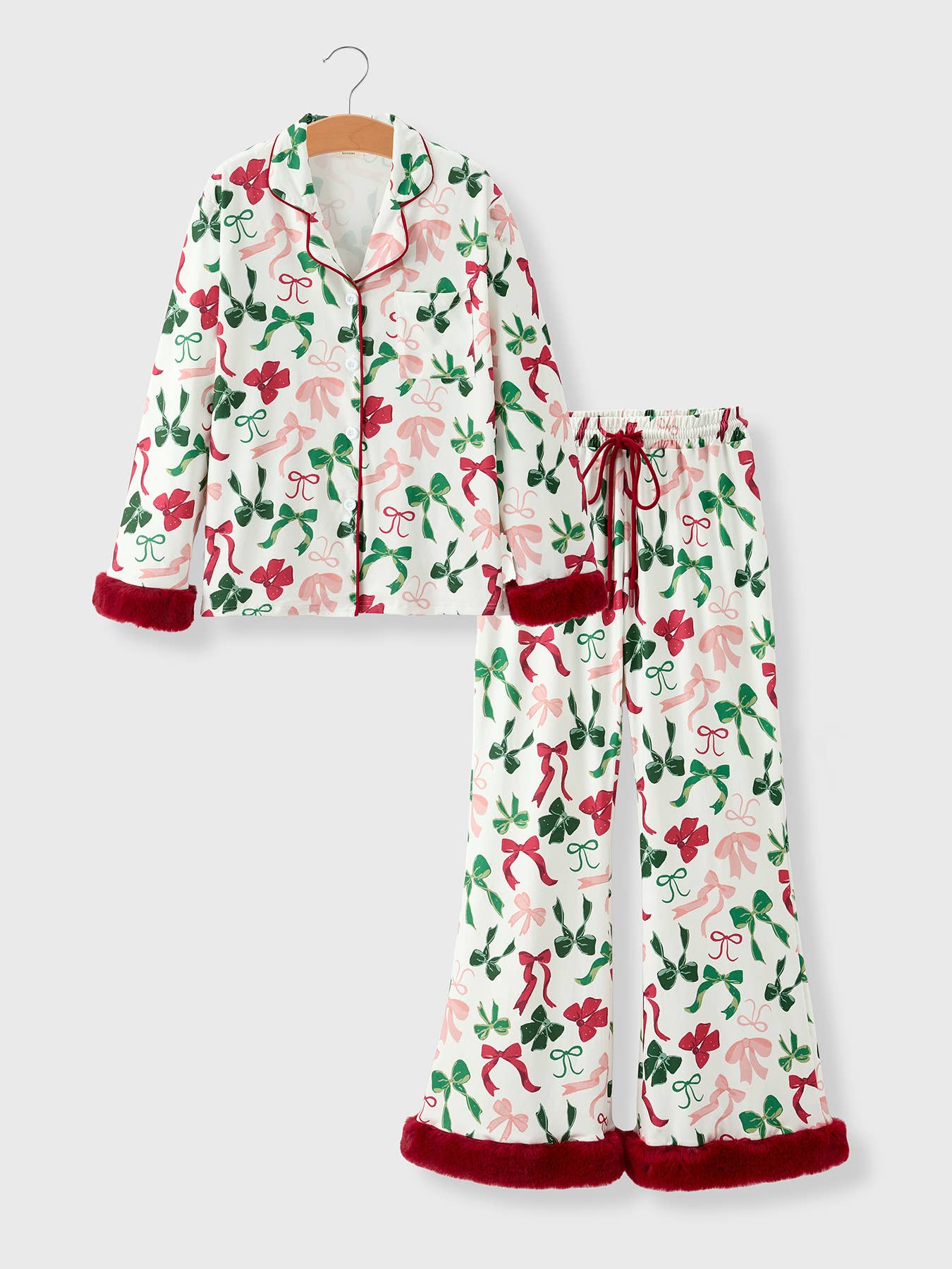 Holiday Bow Print Christmas Pajama Set with Faux Fur Trim