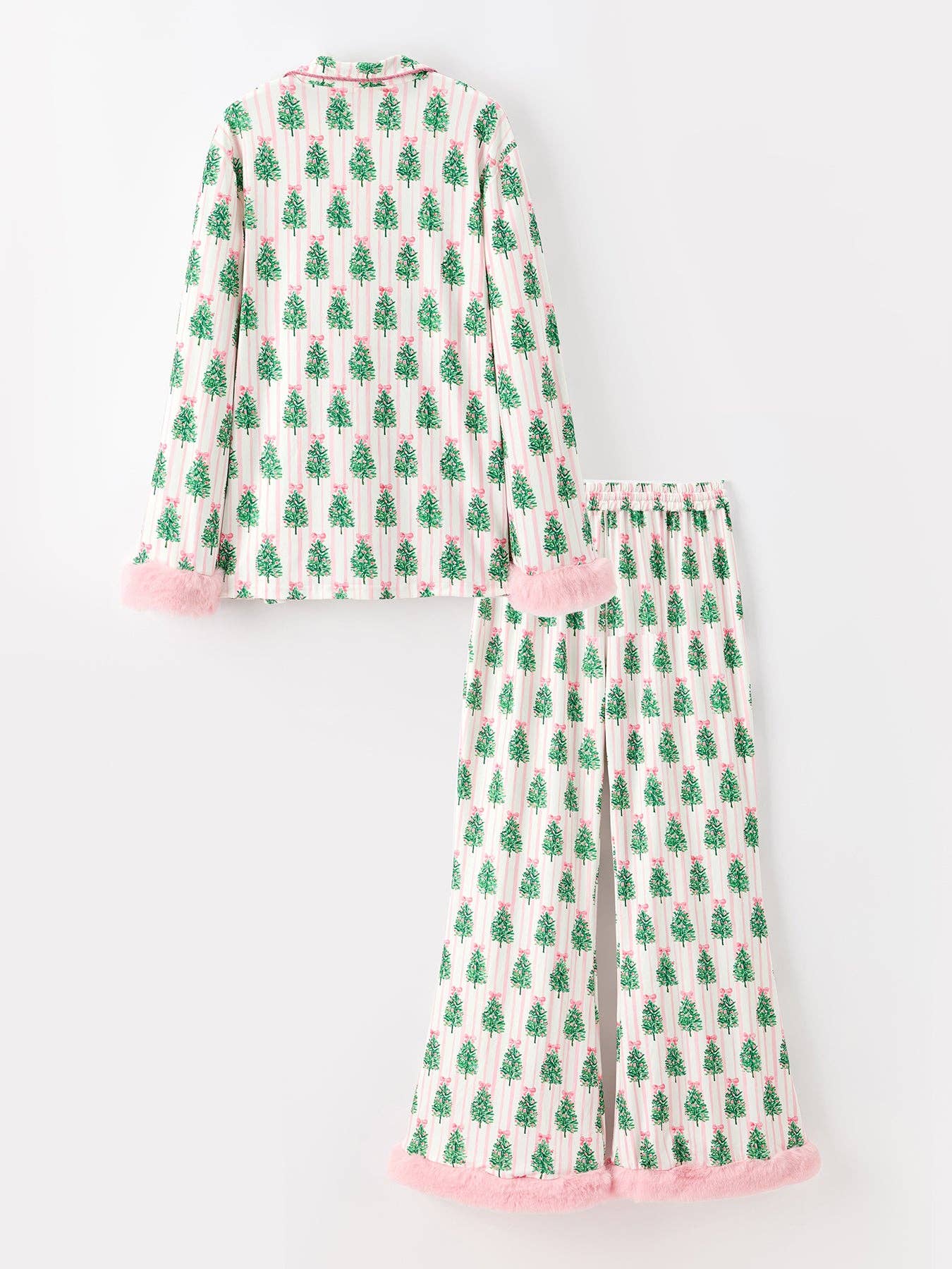 Christmas Tree Print Pajama Set with Faux Fur Trim