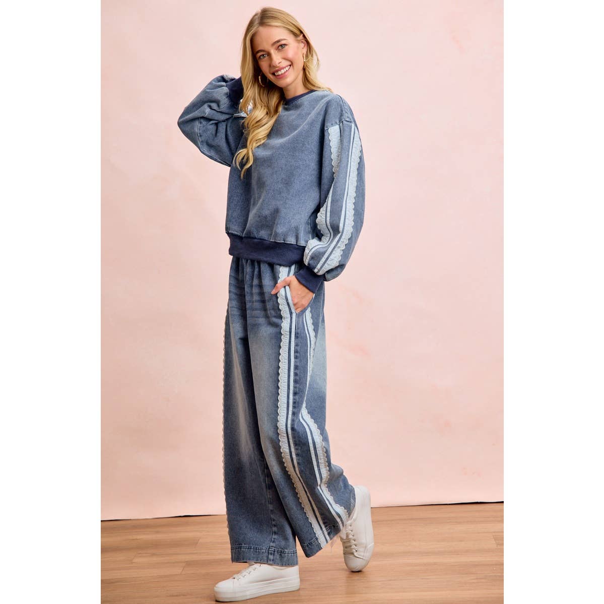 Washed Lace Denim Pants