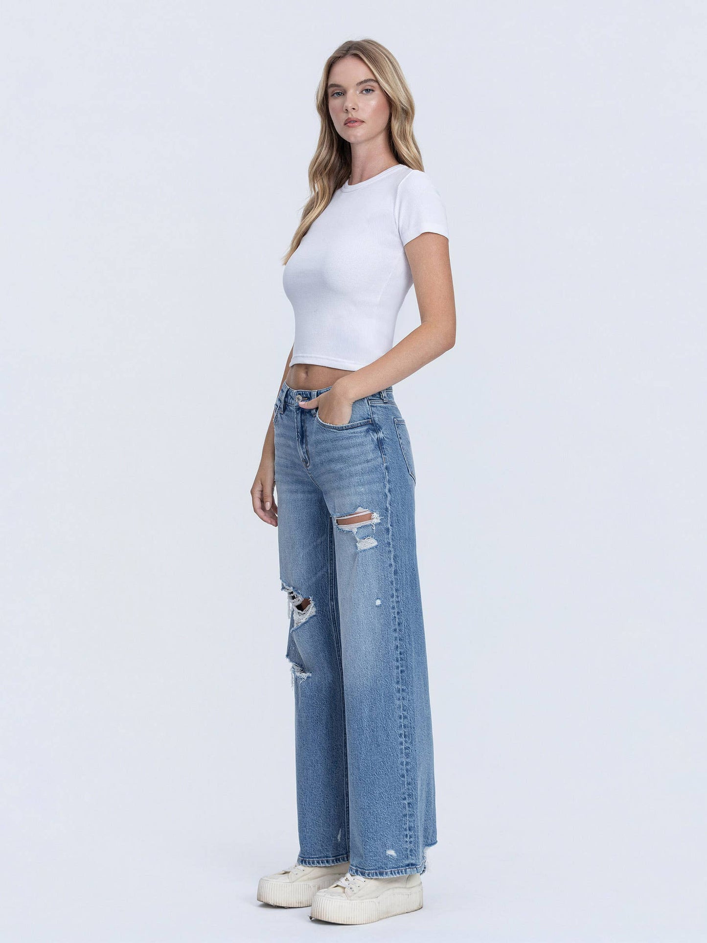 High Rise Distressed Wide Leg Jeans