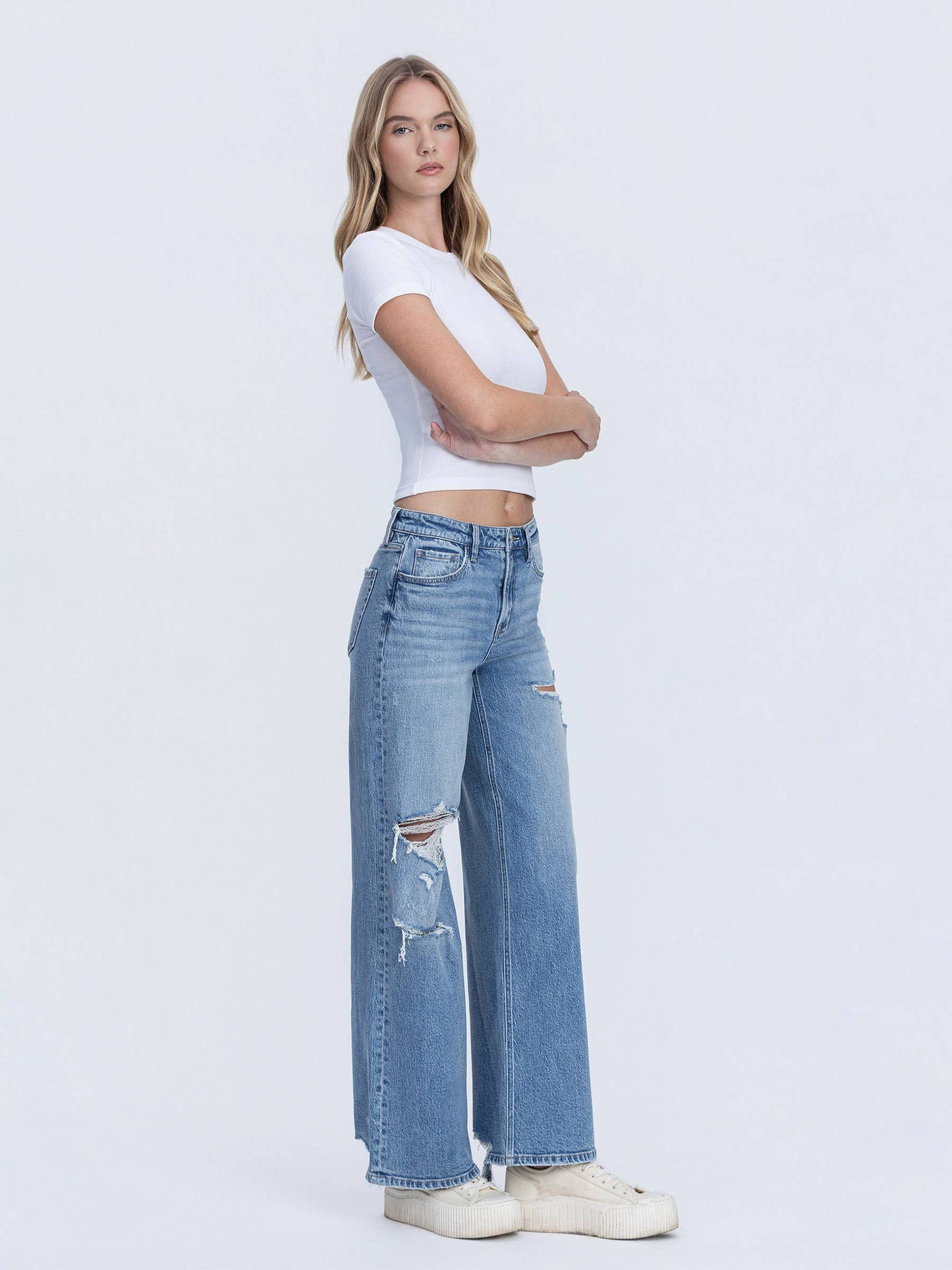 High Rise Distressed Wide Leg Jeans