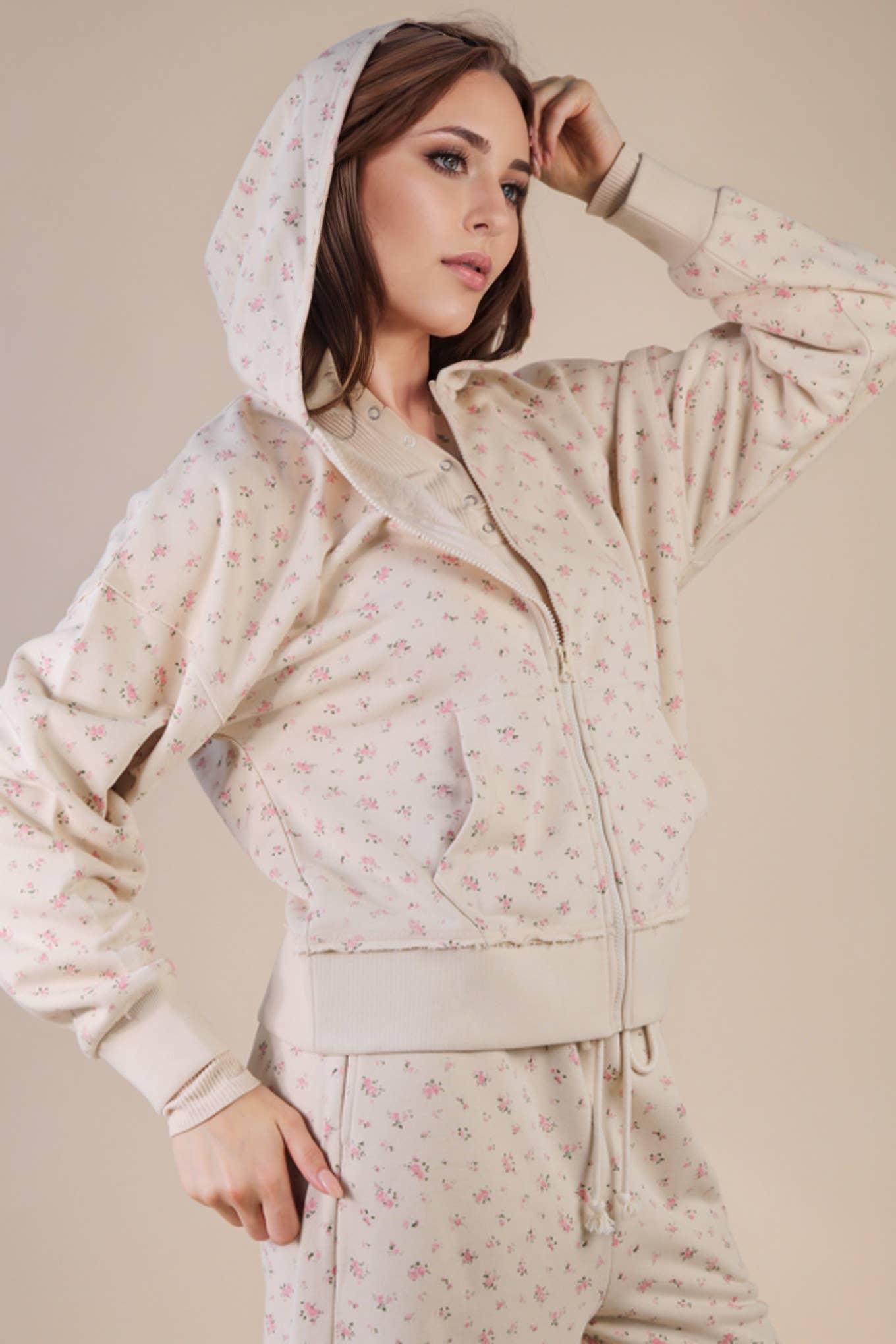 Oversized Floral Zip Up Hoodie