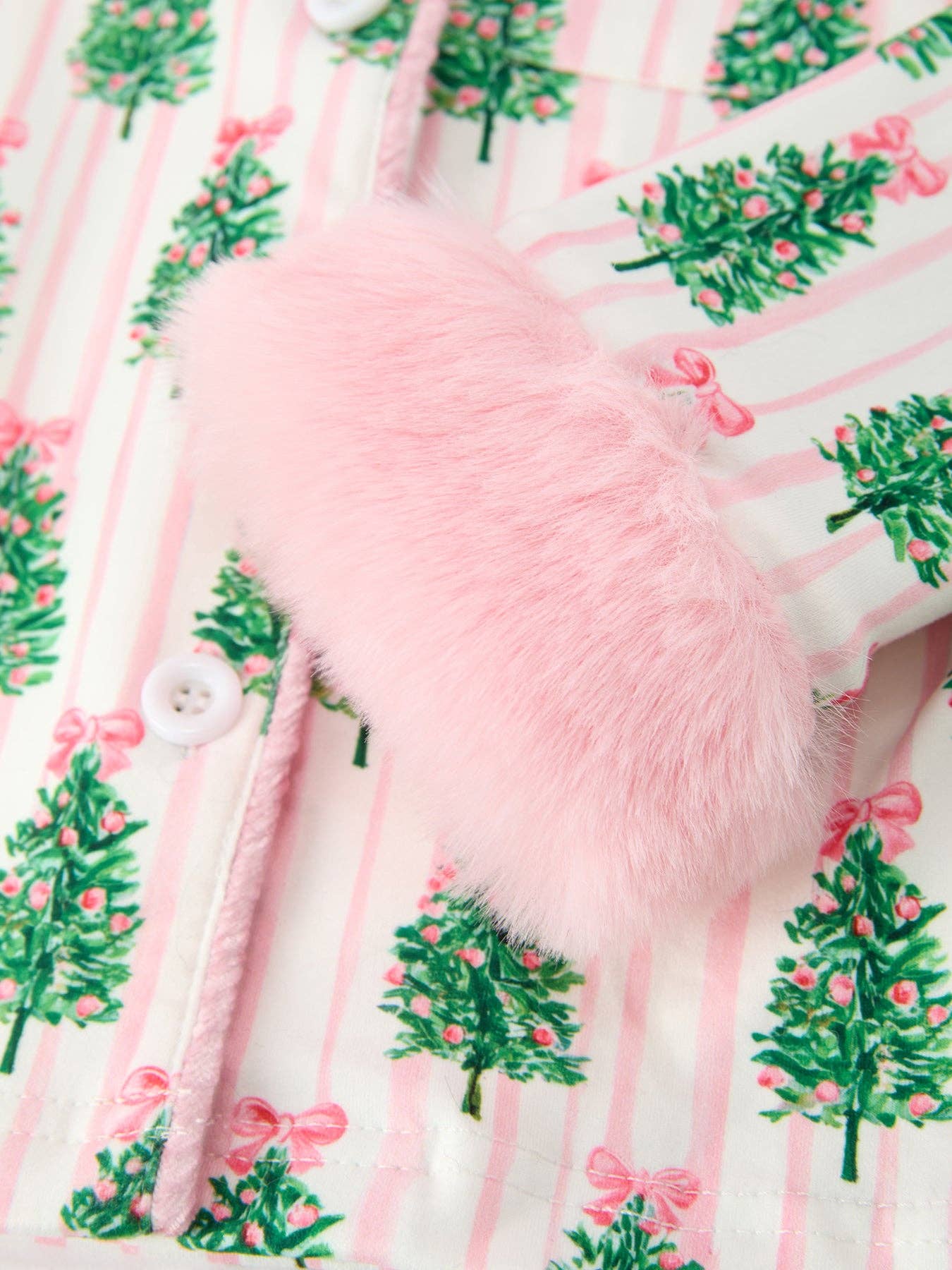 Christmas Tree Print Pajama Set with Faux Fur Trim