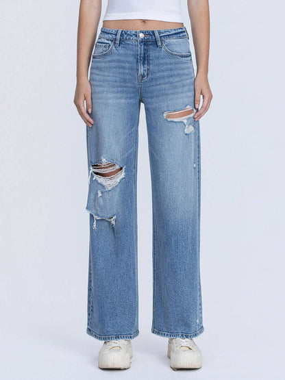 High Rise Distressed Wide Leg Jeans