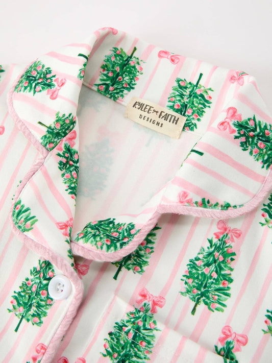 Christmas Tree Print Pajama Set with Faux Fur Trim